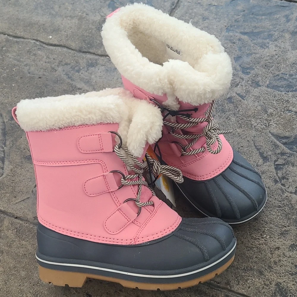 New! Cat & Jack Denver Kit waterproof leather faux fur gray pink Girls boots